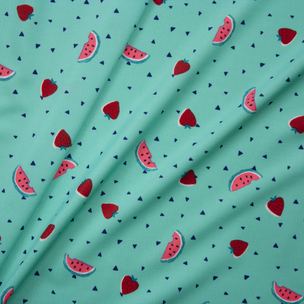 Watermelons and Strawberries on Bright Mint Green Stretch Nylon/Lycra Knit Fabric By The Yard - Wide shot