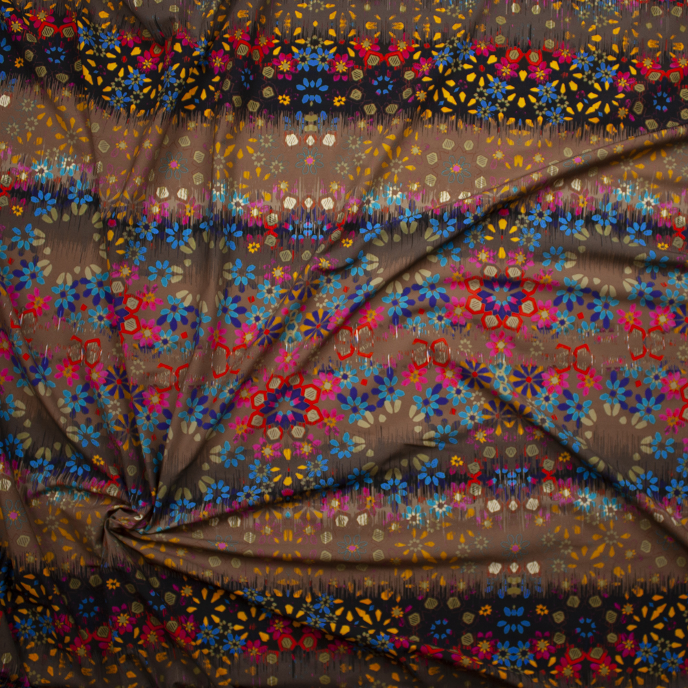 Bright Grunge Vertical Flower Stripe on Brown Stretch Nylon/Lycra Knit Fabric By The Yard - Wide shot
