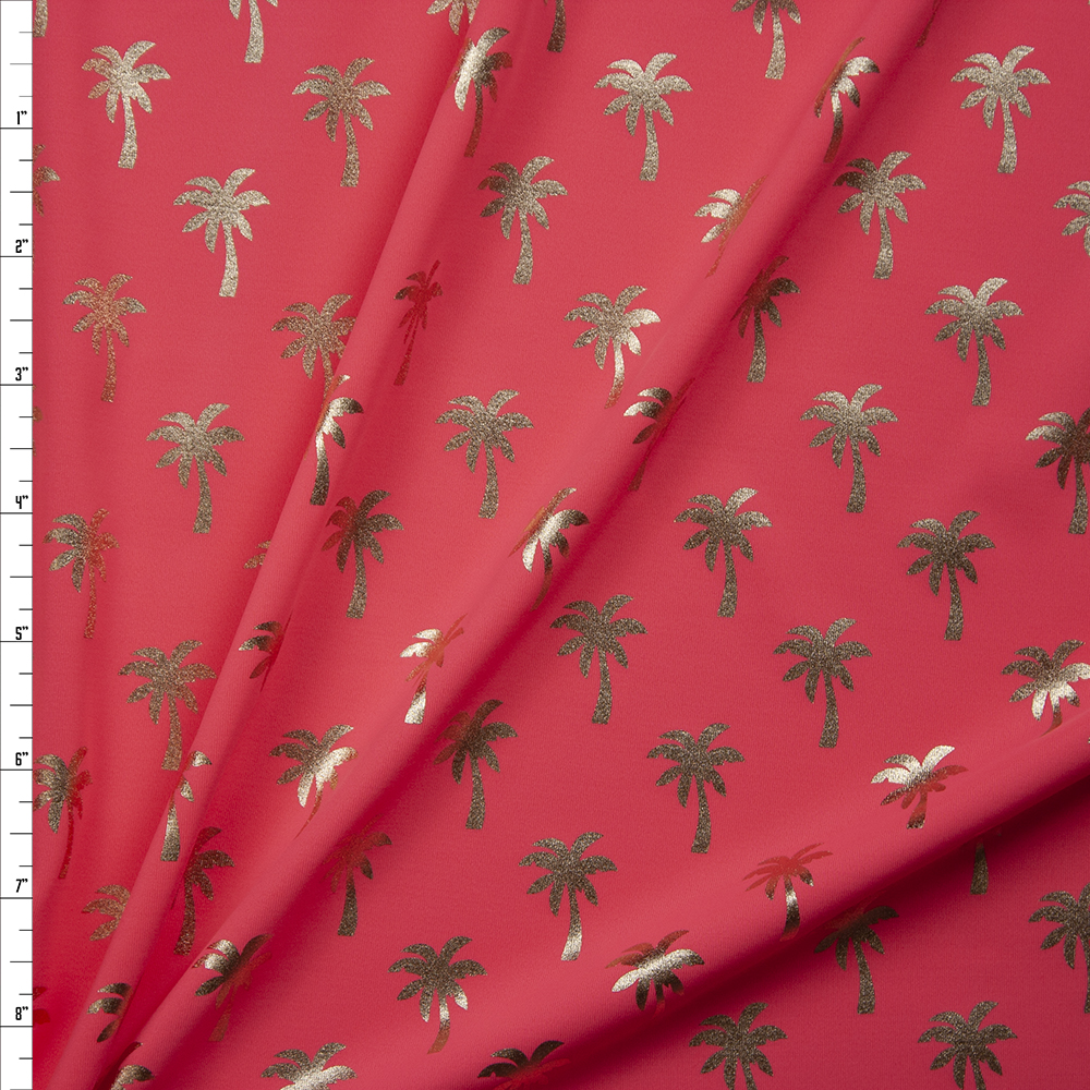 Metallic Gold Palm Trees on Neon Pink Stretch Nylon/Lycra Knit Fabric By The Yard