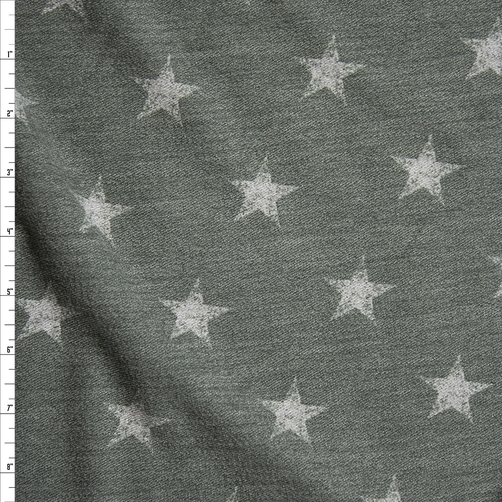 Grey Grunge Stars on Olive Loop Printed French Terry Fabric By The Yard