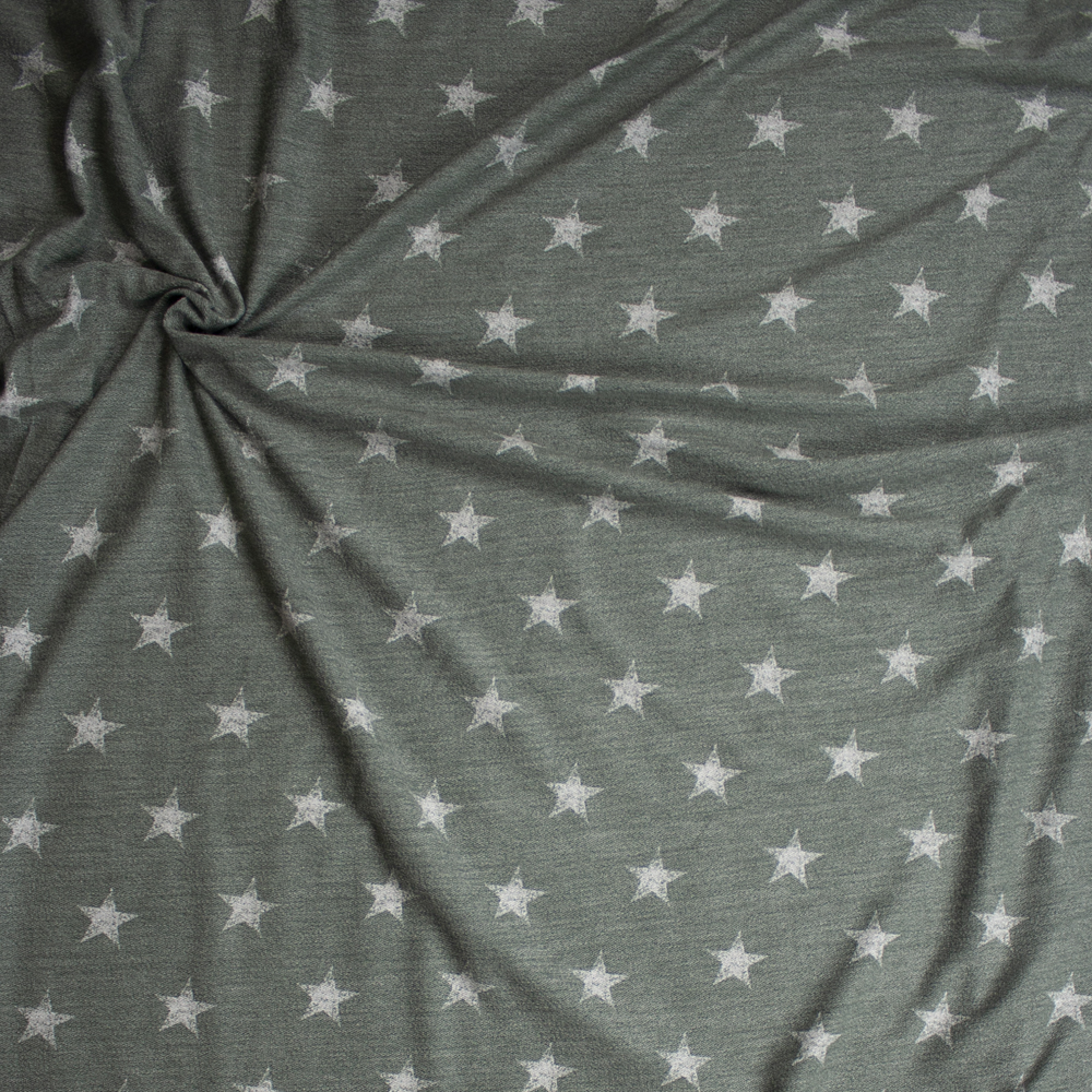 Grey Grunge Stars on Olive Loop Printed French Terry Fabric By The Yard - Wide shot