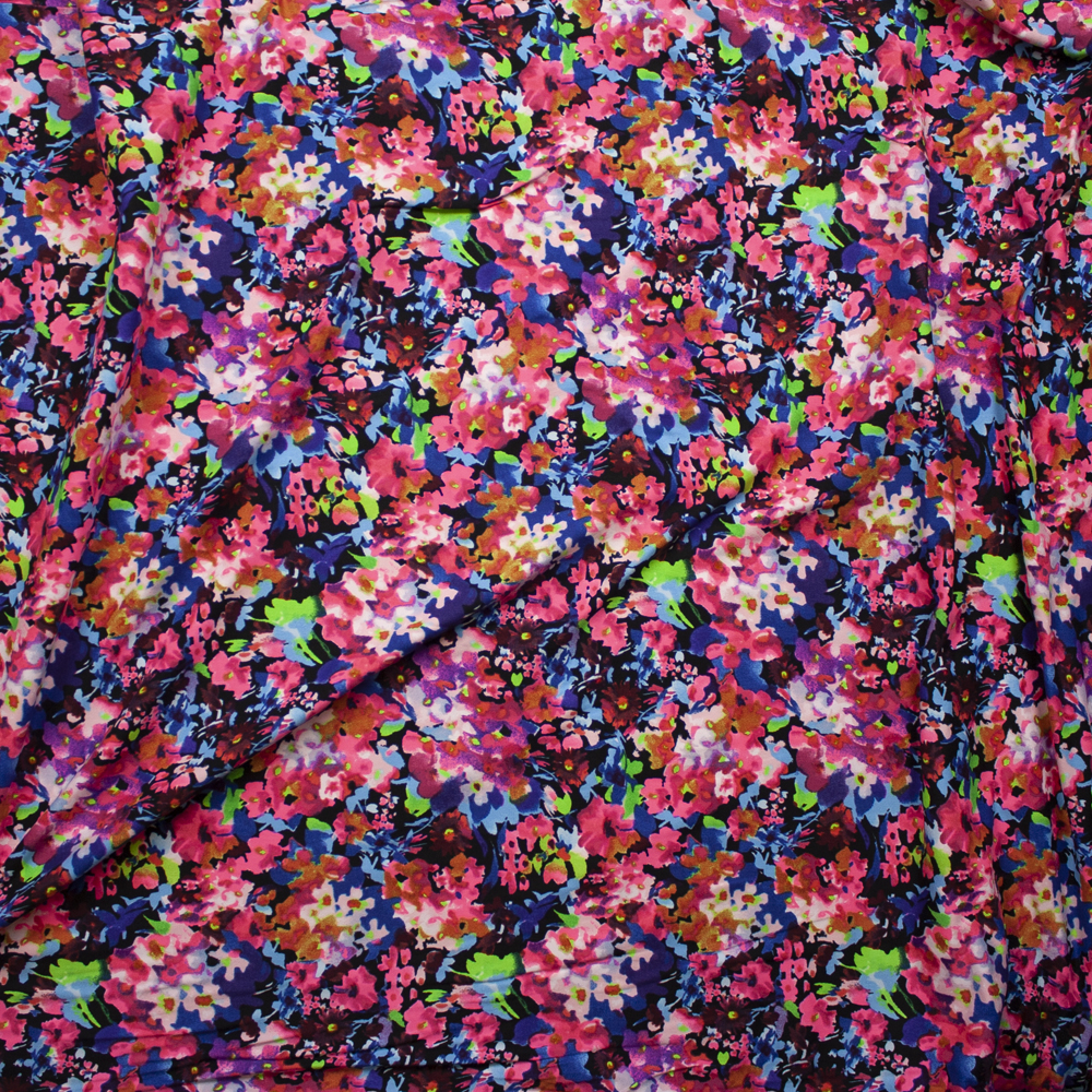 Neon Floral on Black Double Brushed Poly/Spandex Knit Fabric By The Yard - Wide shot