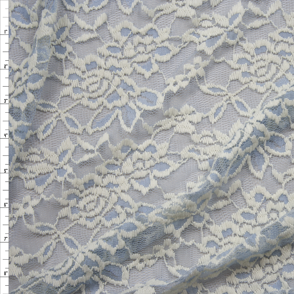 Offwhite Floral on Light Blue Lace Fabric By The Yard