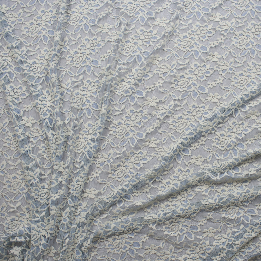 Offwhite Floral on Light Blue Lace Fabric By The Yard - Wide shot