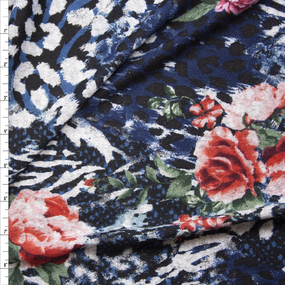 Roses on Teal and Black Animal Grunge Pattern Brushed Sweater Knit Fabric By The Yard