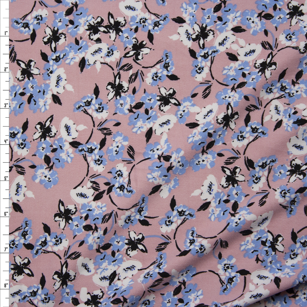 Periwinkle, White, and Black Floral Vine on Blush Double Brushed Poly/Spandex Fabric By The Yard