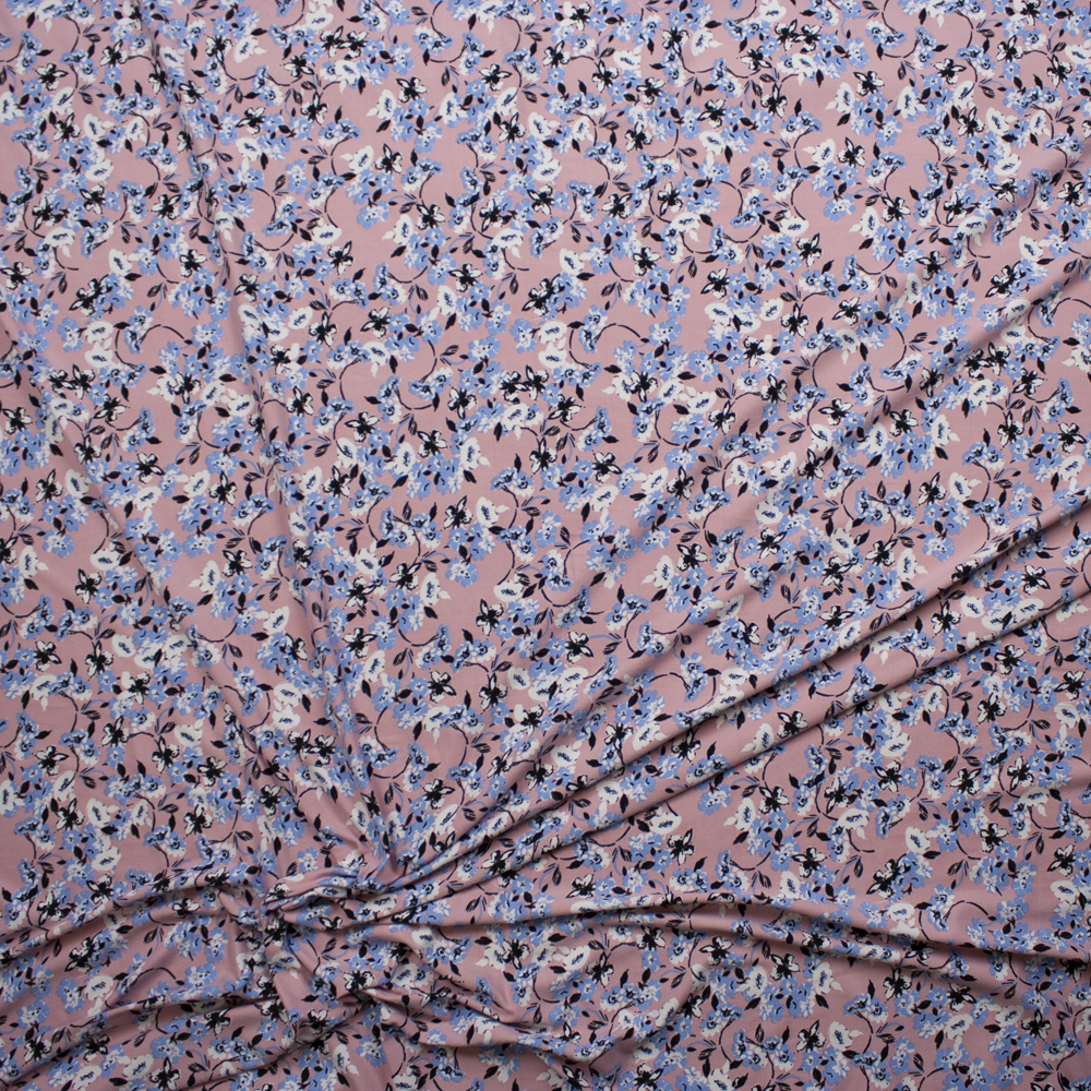 Periwinkle, White, and Black Floral Vine on Blush Double Brushed Poly/Spandex Fabric By The Yard - Wide shot