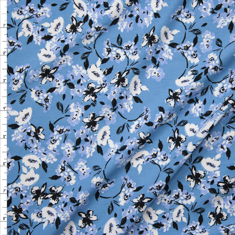 Periwinkle, White, and Black Floral Vine on Dusty Blue Double Brushed Poly/Spandex Fabric By The Yard