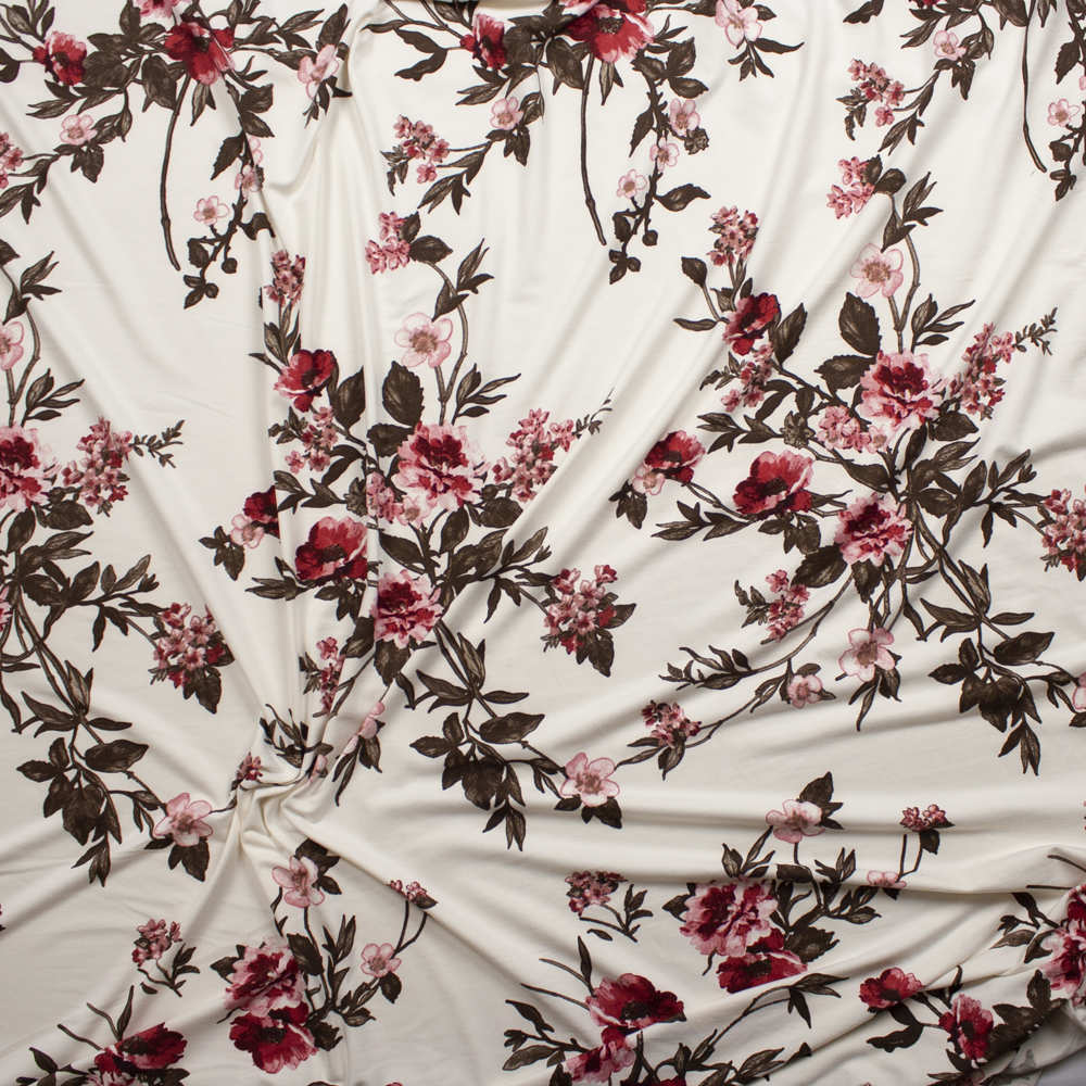 Wine, Pink, and Brown Floral on Ivory Double Brushed Poly/Spandex Fabric By The Yard - Wide shot