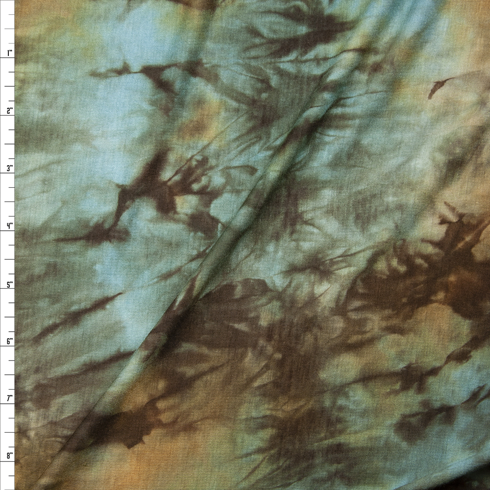Aqua, Yellow, and Brown Tie Dye Stretch Rayon Jersey Knit Fabric By The Yard