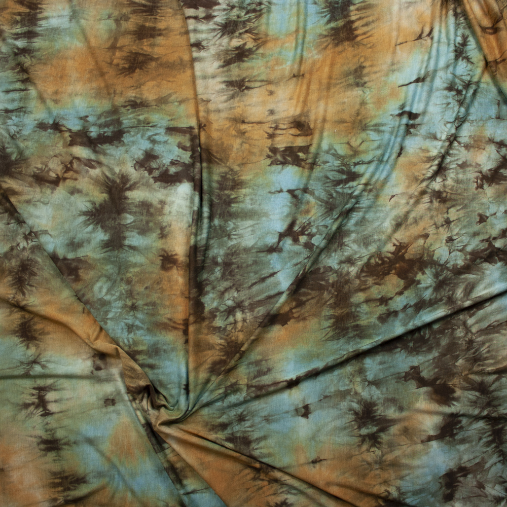Aqua, Yellow, and Brown Tie Dye Stretch Rayon Jersey Knit Fabric By The Yard - Wide shot