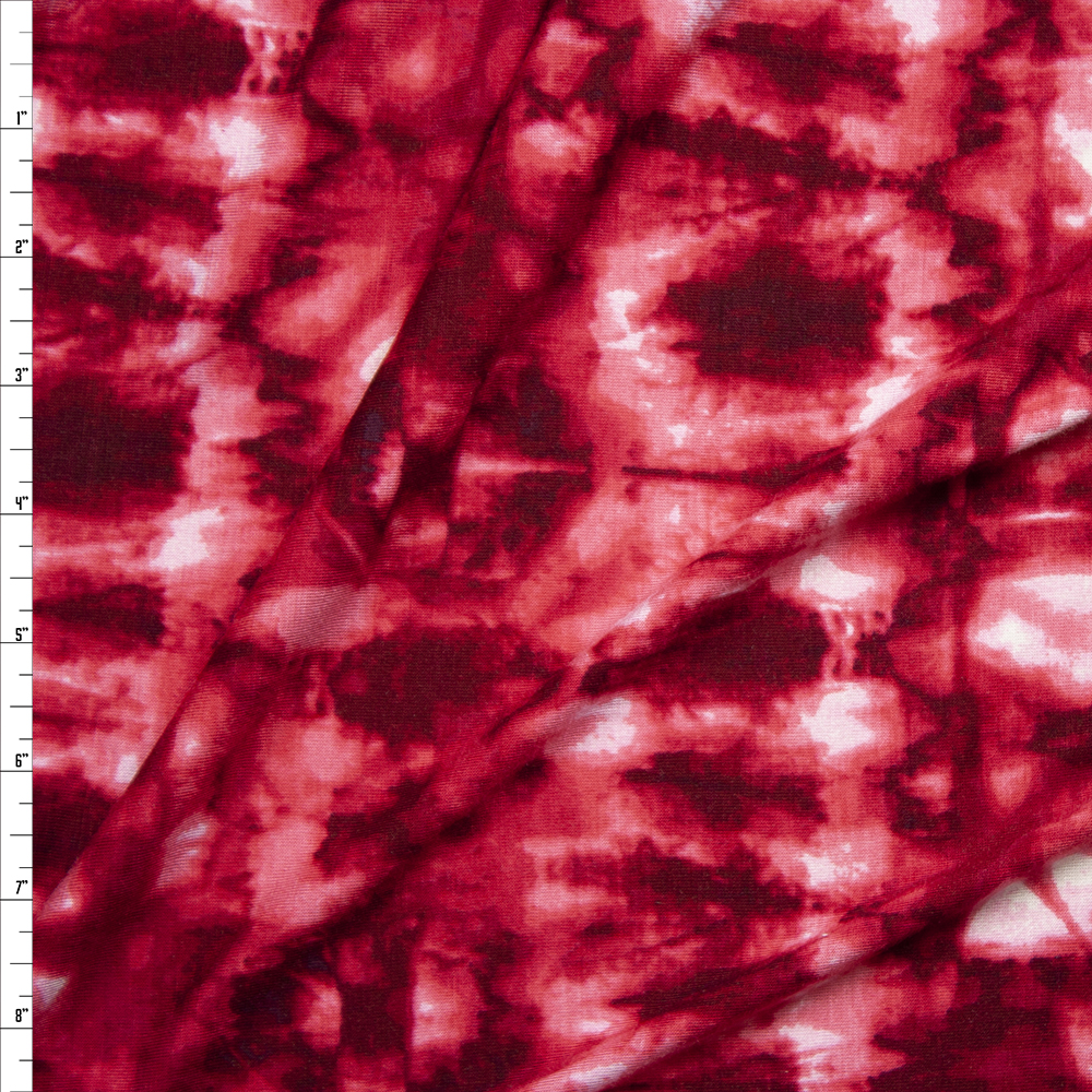 Red, Pink, and White Banded Tie Dye Stretch Rayon Jersey Knit Fabric By The Yard