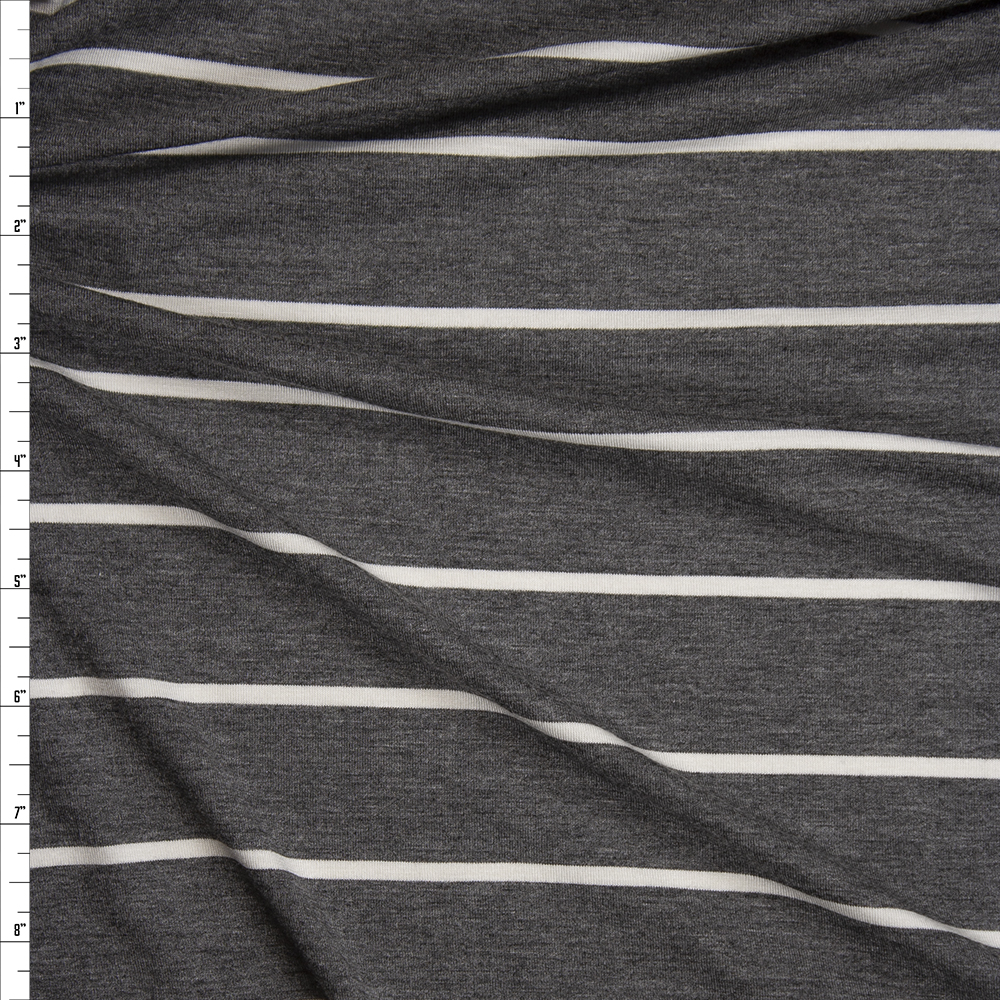White on Heather Charcoal Horizontal Stripe Stretch Modal Jersey Knit Fabric By The Yard