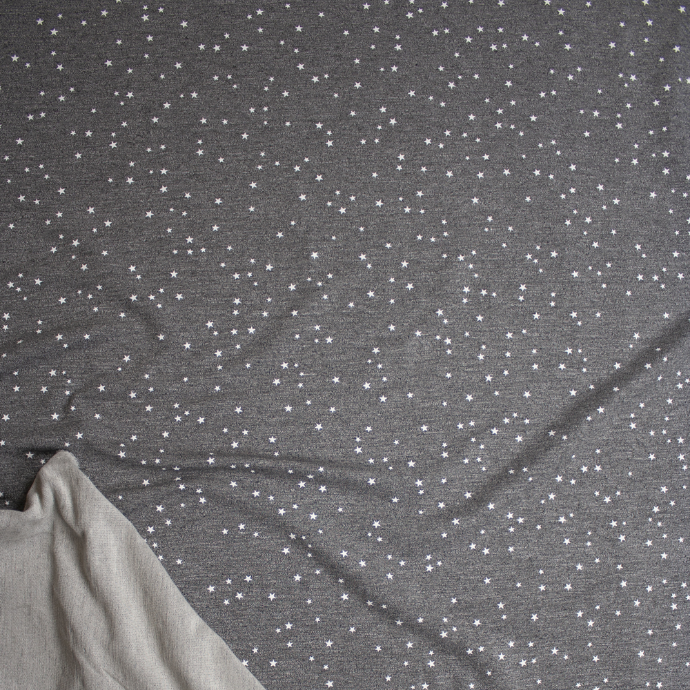White Stars on Heather Grey Midweight Stretch Rayon French Terry Fabric By The Yard - Wide shot