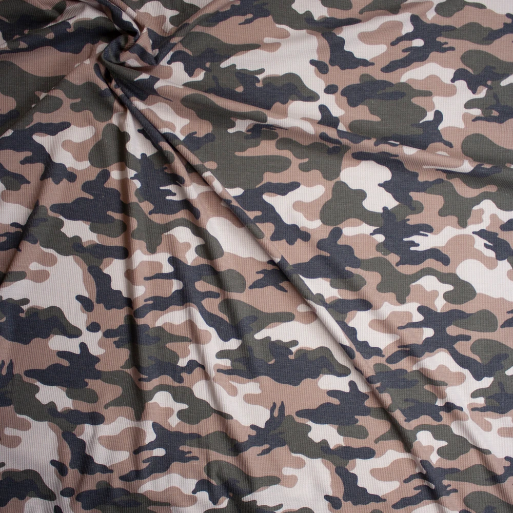 Olive, Grey, Tan, and Ivory Camouflage Waffle Knit Fabric By The Yard - Wide shot