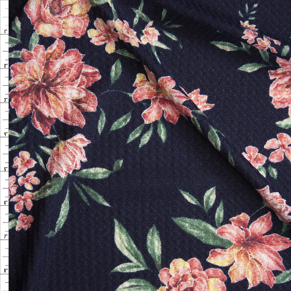 Pink, Green, and Yellow Floral on Navy Soft Waffle Sweater Knit Fabric By The Yard