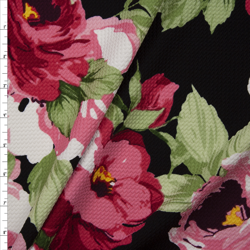 Large Pink Floral on Black Bullet Liverpool Knit Fabric By The Yard