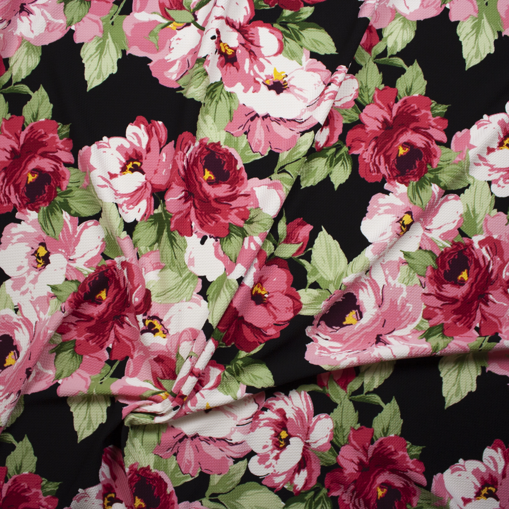 Large Pink Floral on Black Bullet Liverpool Knit Fabric By The Yard - Wide shot