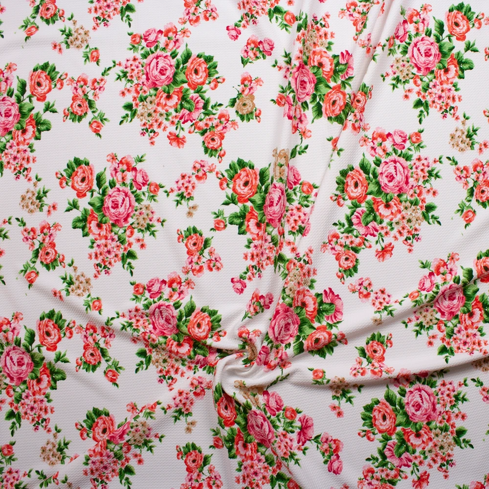 Pink, Coral, and Green Rose Floral on White Bullet Liverpool Knit Fabric By The Yard - Wide shot