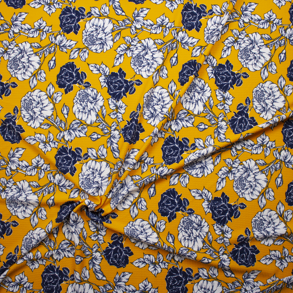 White and Navy Sketchbook Floral on Goldenrod Bullet Liverpool Knit Fabric By The Yard - Wide shot