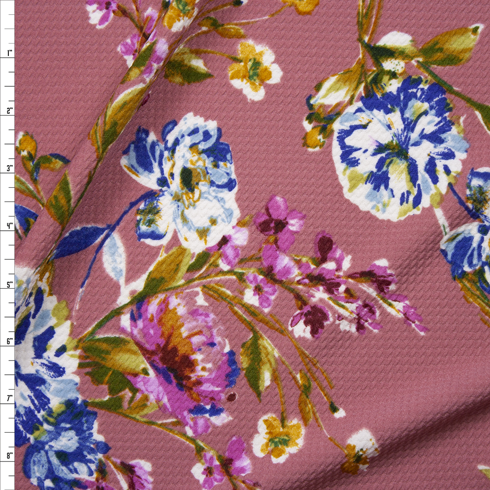 Hot Pink, Light Blue, and Mustard Floral on Mauve Bullet Liverpool Knit Fabric By The Yard