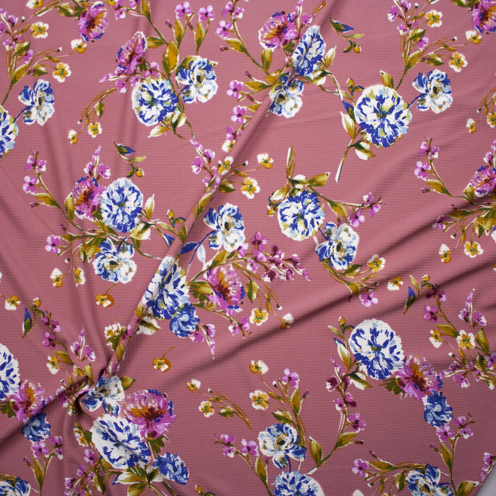 Hot Pink, Light Blue, and Mustard Floral on Mauve Bullet Liverpool Knit Fabric By The Yard - Wide shot