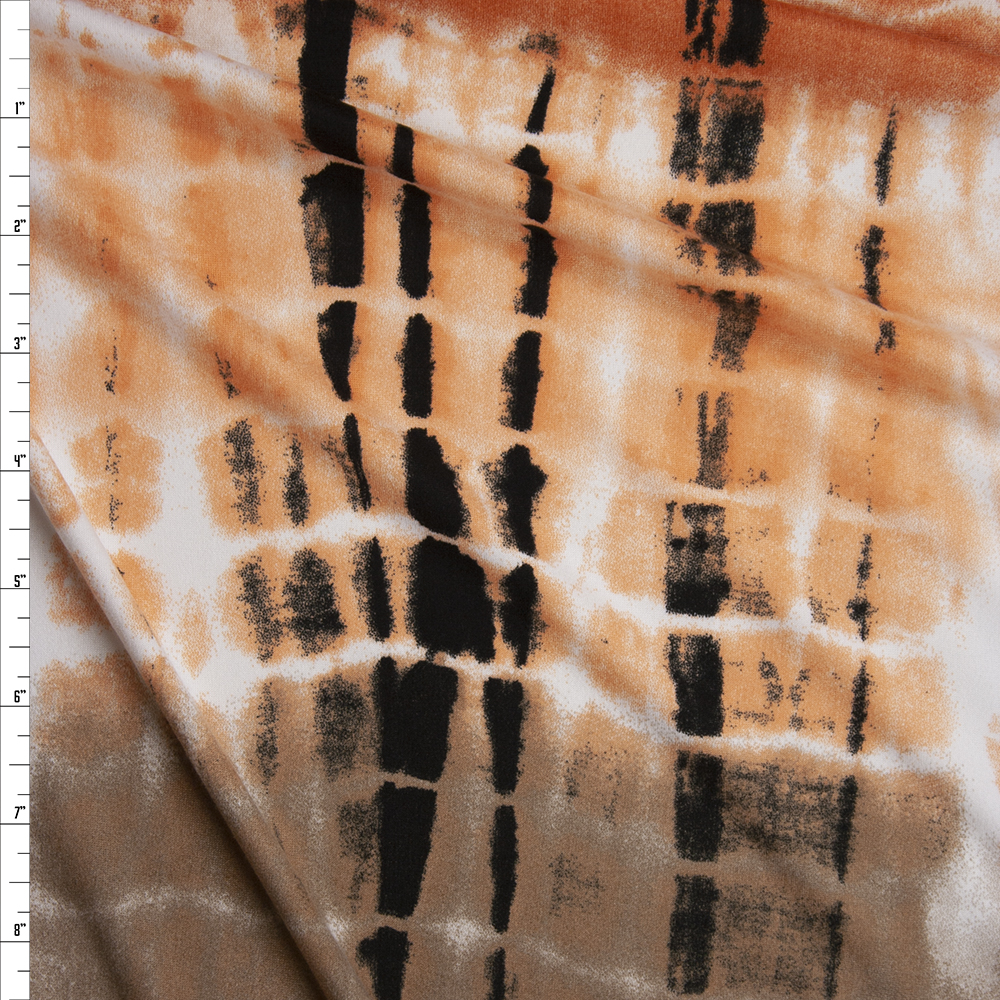 Tan, Peach, Rust, and White Streaked Tie Dye Double Brushed Poly/Spandex Fabric By The Yard