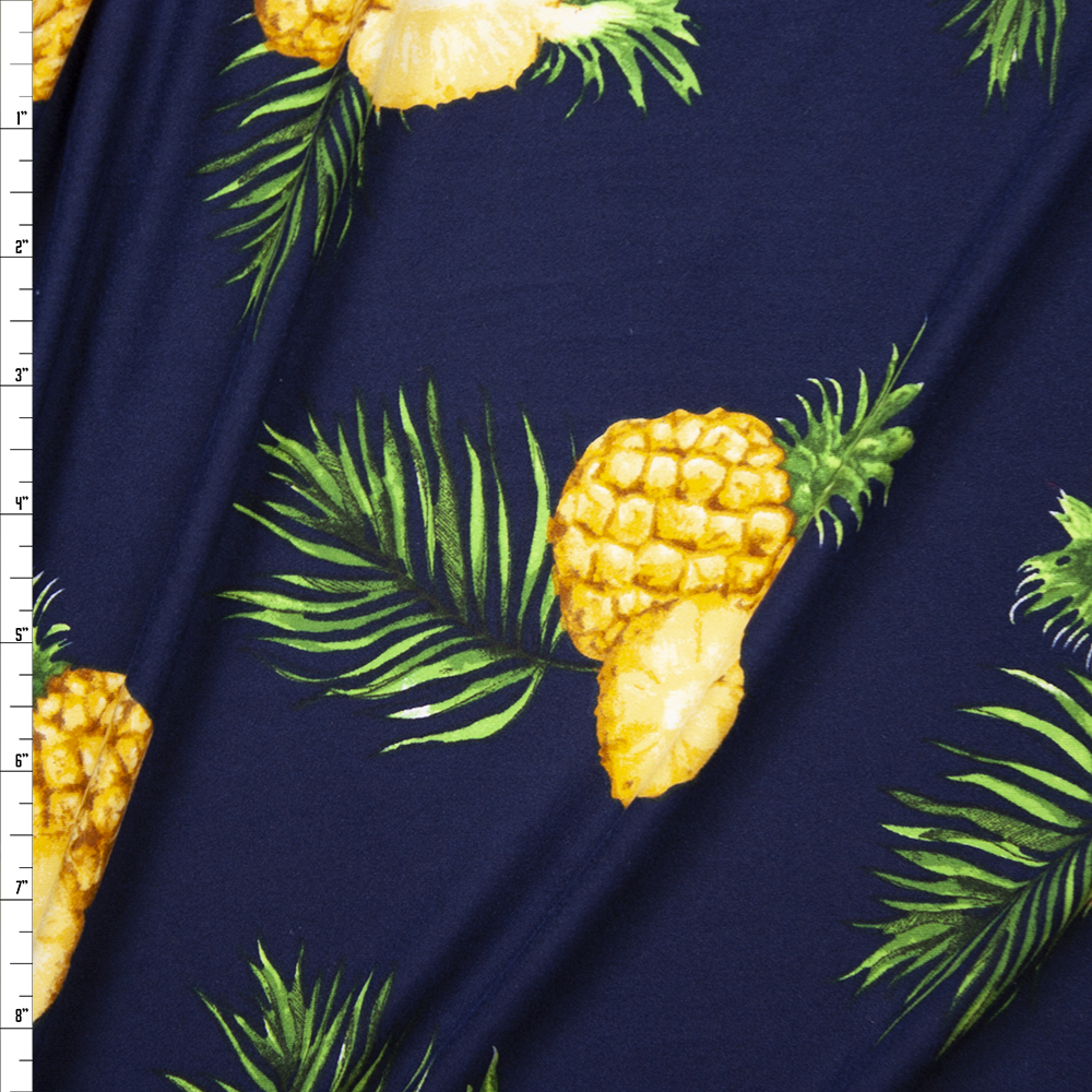 Pineapples on Navy Blue Double Brushed Poly/Spandex Fabric By The Yard