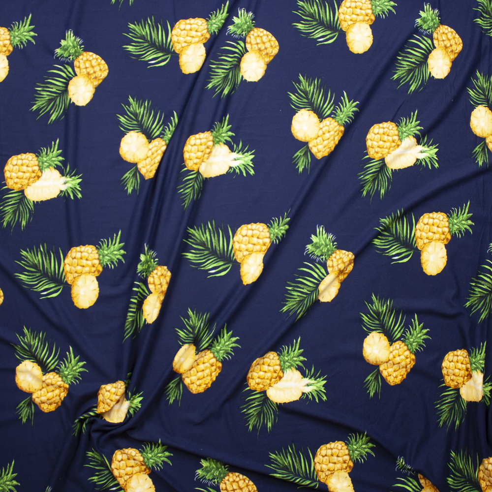 Pineapples on Navy Blue Double Brushed Poly/Spandex Fabric By The Yard - Wide shot
