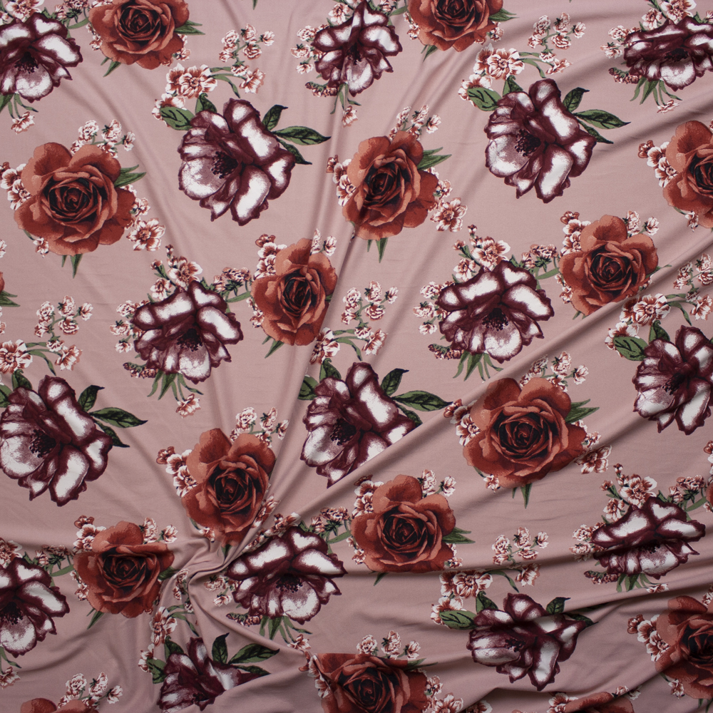 Wine and Terracotta Flowers on Dusty Blush Double Brushed Poly/Spandex Fabric By The Yard - Wide shot