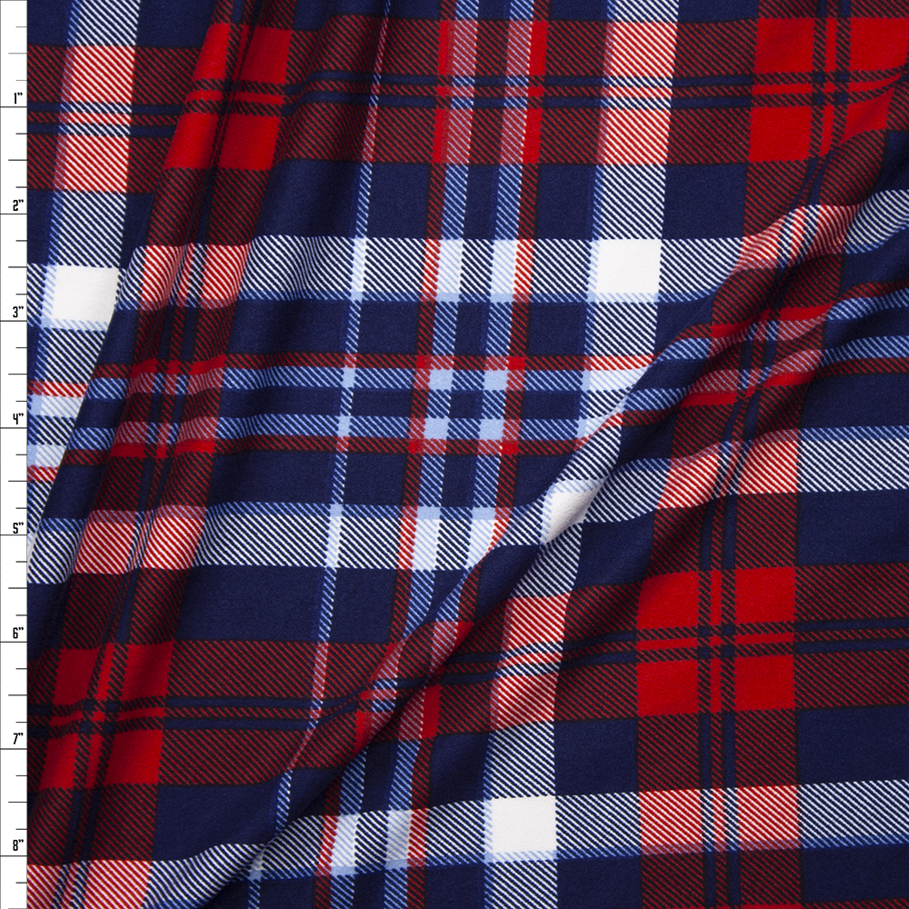 Nave, Red, and White Plaid Double Brushed Poly/Spandex Fabric By The Yard