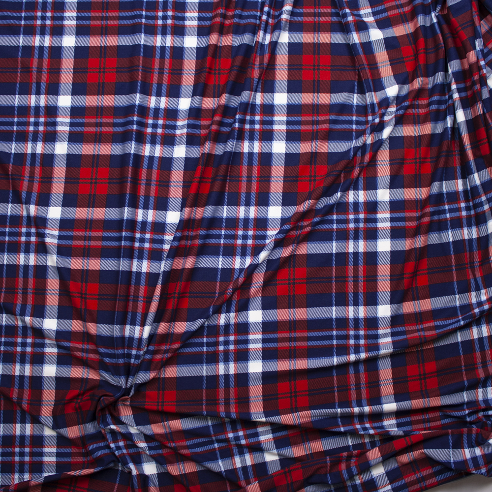 Nave, Red, and White Plaid Double Brushed Poly/Spandex Fabric By The Yard - Wide shot