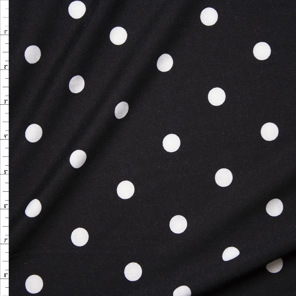 White on Black Polka Dots Poly/Rayon French Terry Fabric By The Yard