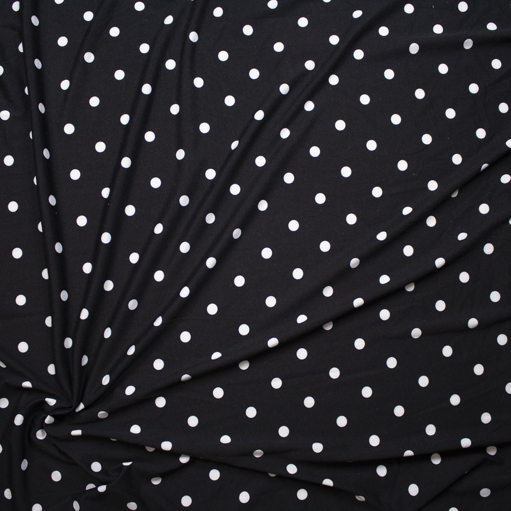 White on Black Polka Dots Poly/Rayon French Terry Fabric By The Yard - Wide shot