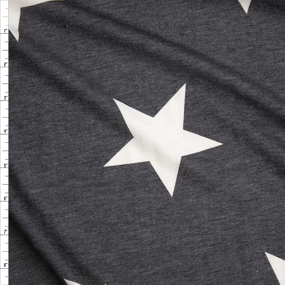 Large White Stars on Charcoal Grey Poly/Rayon French Terry Fabric By The Yard