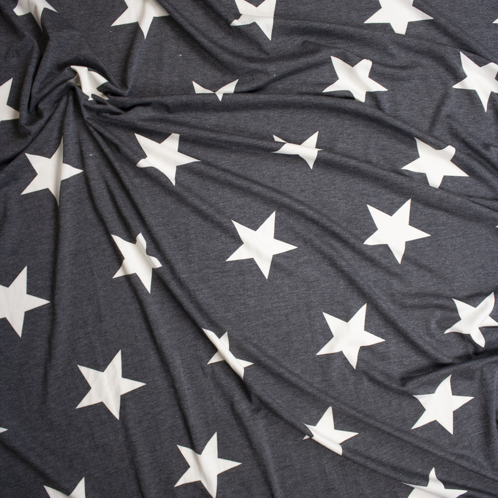 Large White Stars on Charcoal Grey Poly/Rayon French Terry Fabric By The Yard - Wide shot