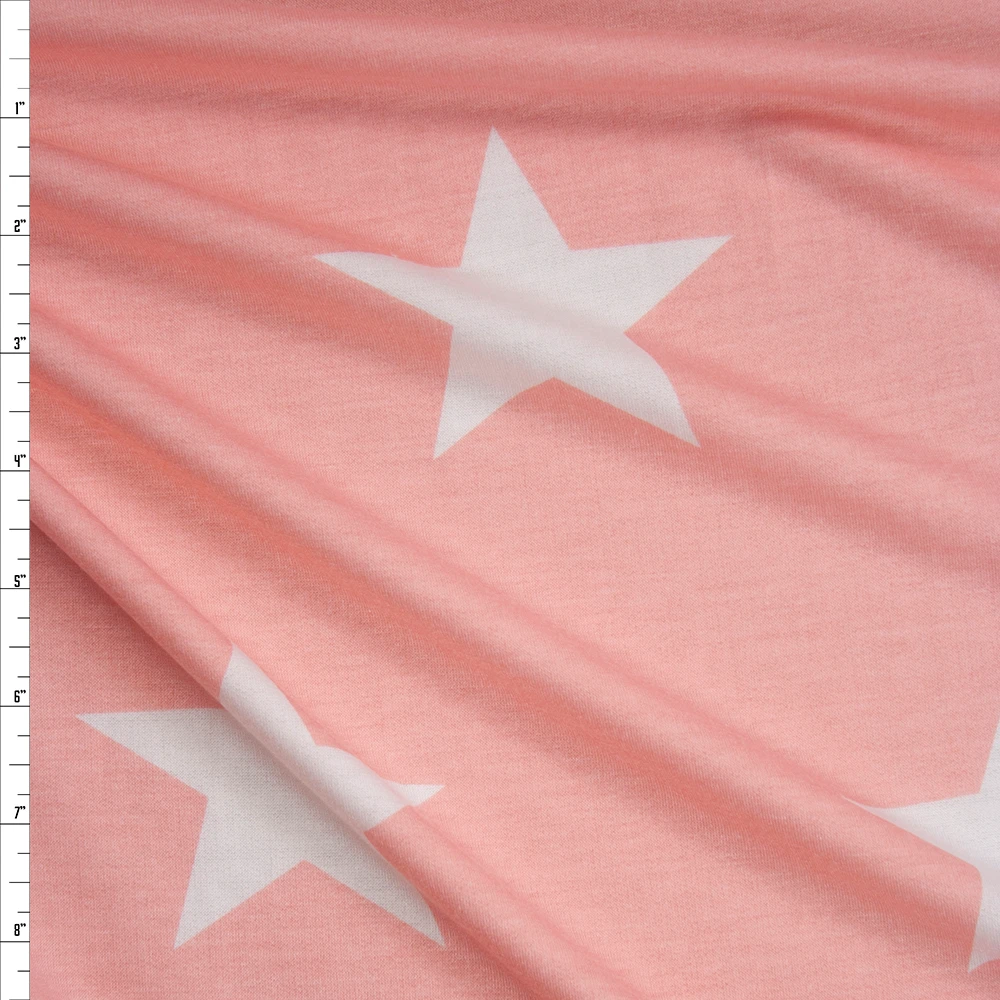Large White Stars on Pink Poly/Rayon French Terry Fabric By The Yard