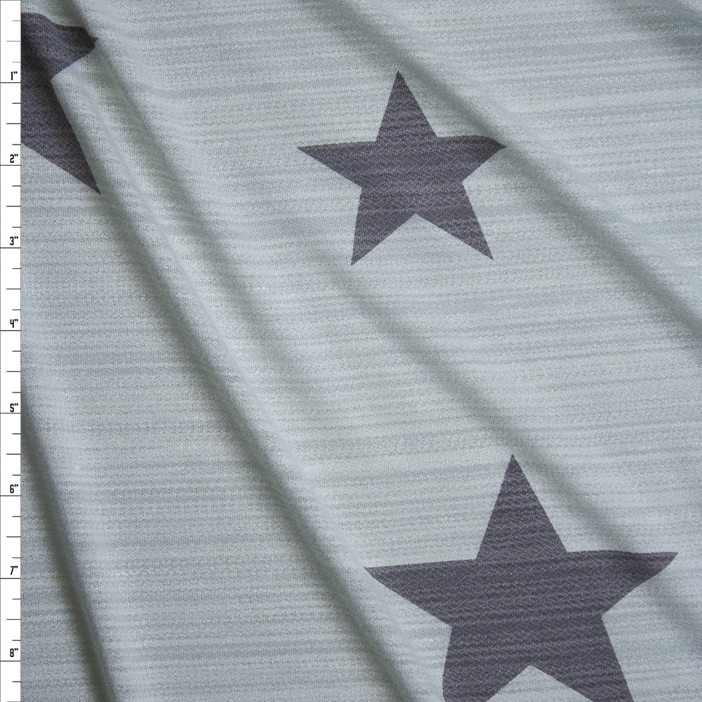 Charcoal Stars on Aqua Stretch Streak Textured Knit Fabric By The Yard