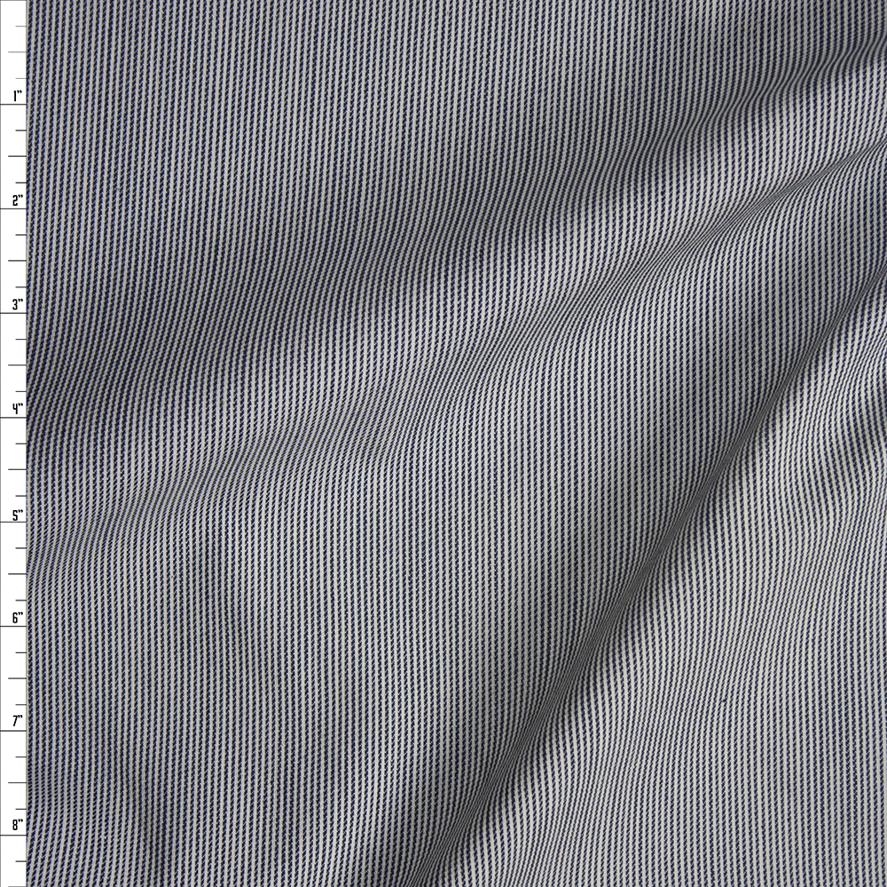 Blue and White Fine Vertical Stripe Midweight Stretch Denim Fabric By The Yard