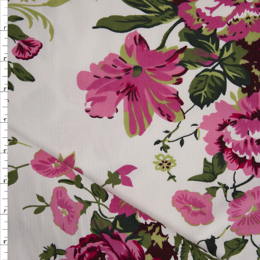 Pink and Olive Floral on Warm White Baby Wale Corduroy Fabric By The Yard