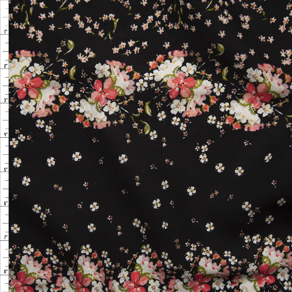 Pink and Ivory Floral Border Print Rayon Challis Fabric By The Yard