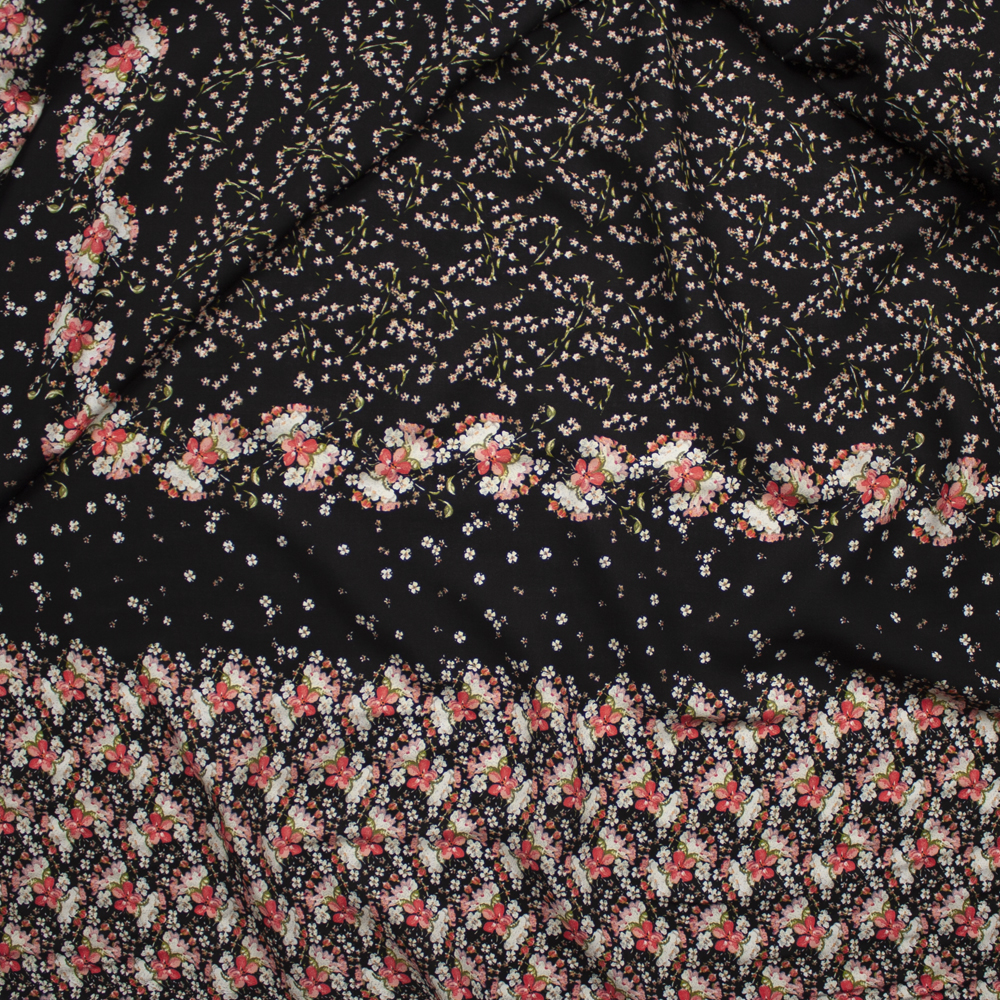 Pink and Ivory Floral Border Print Rayon Challis Fabric By The Yard - Wide shot