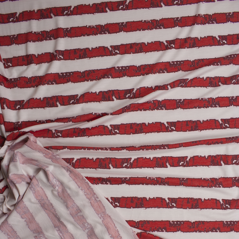 Grunge Red Stripes on Ivory Light Midweight French Terry Fabric By The Yard - Wide shot