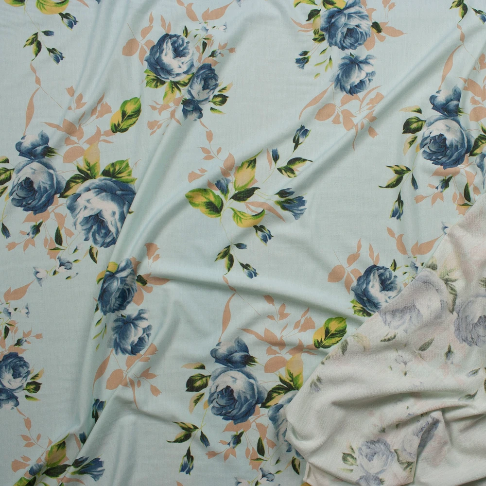 Blue and Tan Floral on Soft Aqua Light Midweight French Terry Fabric By The Yard - Wide shot