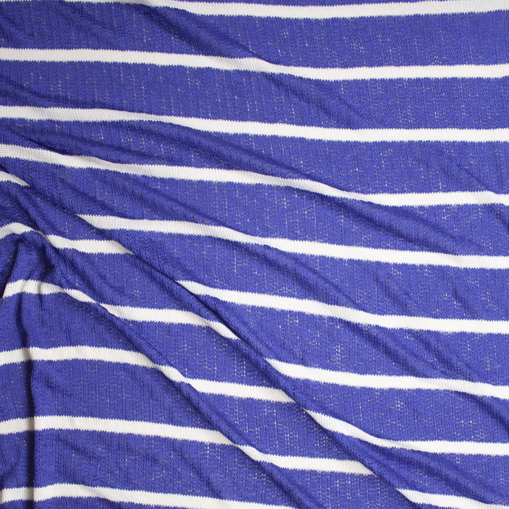 White on Blue Horizontal Stripe Loose Weave Sweater Knit Fabric By The Yard - Wide shot