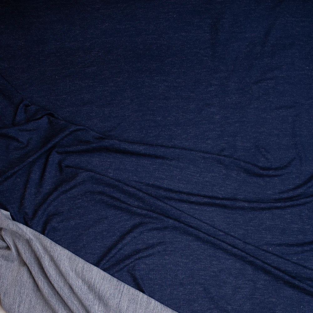 Indigo Blue Denim Look Stretch Rayon French Terry Fabric By The Yard - Wide shot