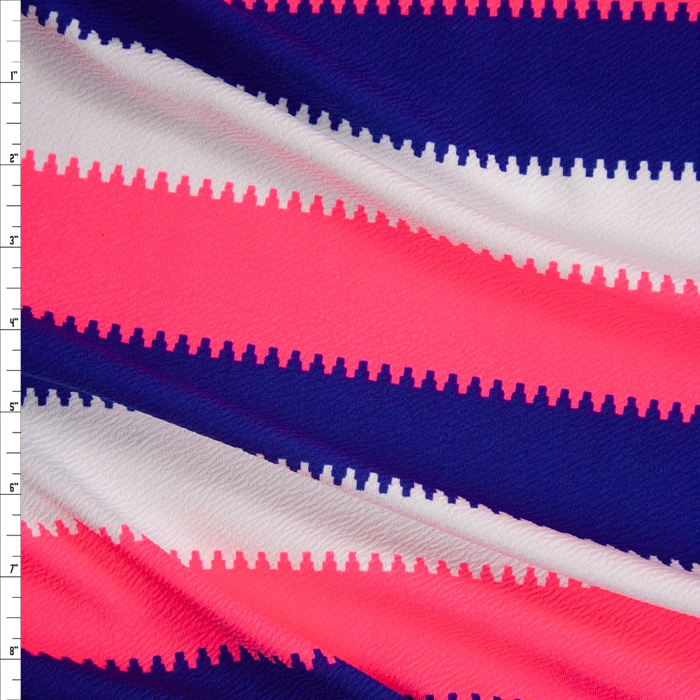 Neon Pink, Royal Blue, and White Crepe Textured Liverpool Knit Fabric By The Yard