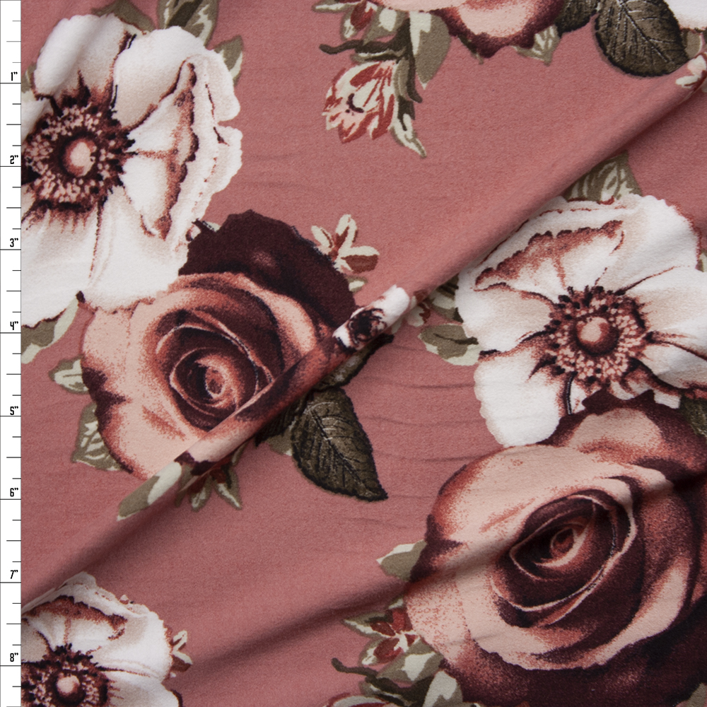 Terracotta and Tan Floral on Mauve Double Brushed Poly Spandex Knit Fabric By The Yard