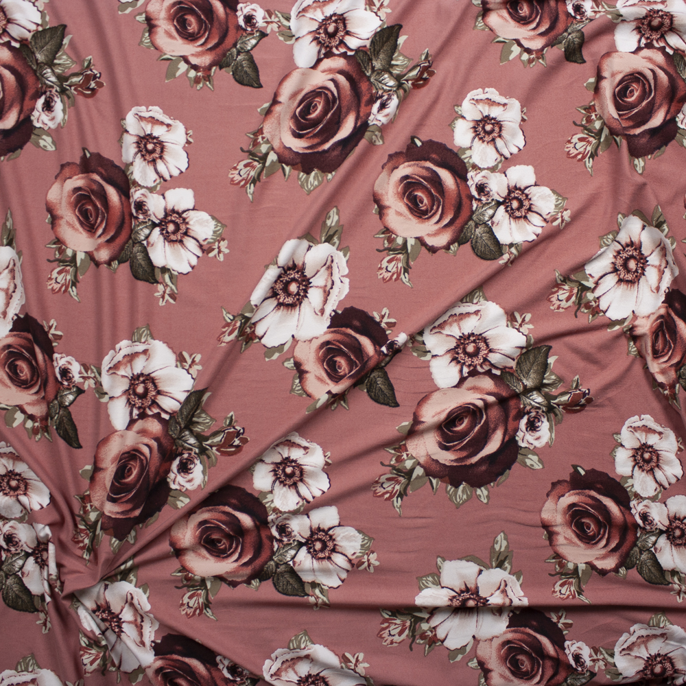Terracotta and Tan Floral on Mauve Double Brushed Poly Spandex Knit Fabric By The Yard - Wide shot