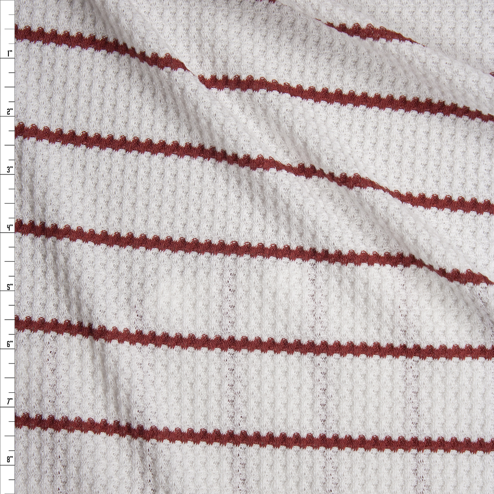 Brick Red on White Horizontal Stripe Stripe Soft Waffle Knit Fabric By The Yard